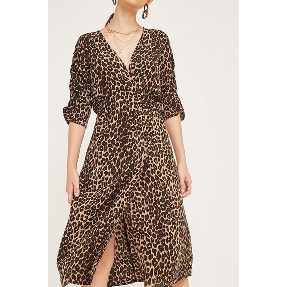 Faithfull The Brand Brown Leopard Print Crepe Wrap Midi Dress sz 2 - Picture 3 of 16